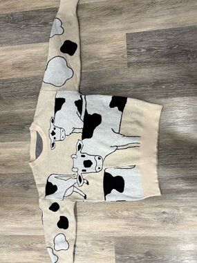 Beige Cow Print Knit Sweater - Graphic Cow Motif